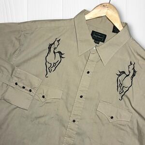 High Noon Long Sleeve Western Shirt Tan Embroidered Horses Pearl Snap Men's XL